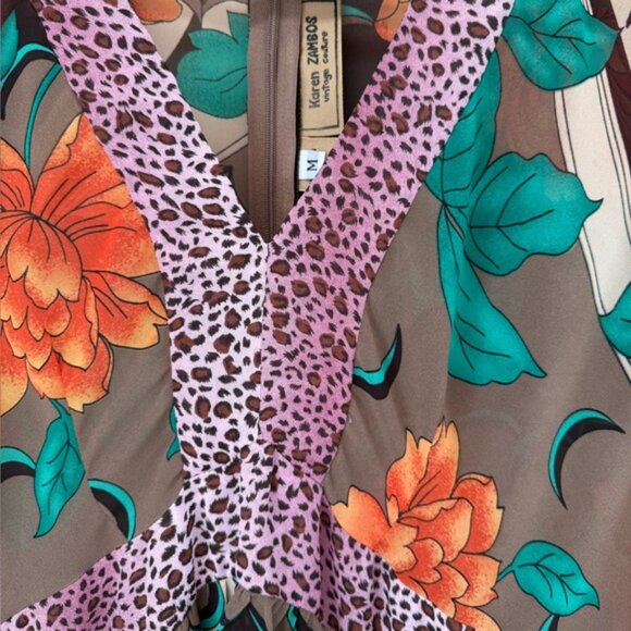 Karen Zambo Brown amp Orange vneck long sleeves Midi Dress Bohemian Flair Sz M - Picture 4 of 5